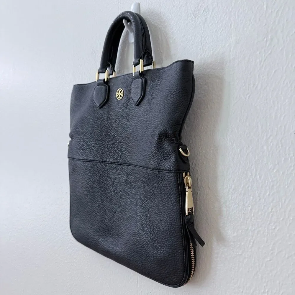 Tory Burch Fleming Two Way Pebbled Black Leather Shoulder Bag Purse Gold Hardwar